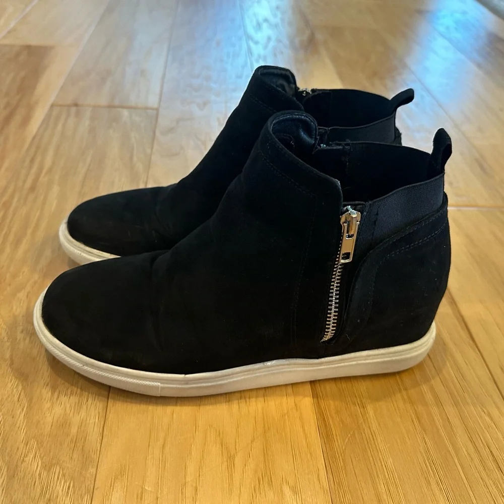 Black suede wedge boots with zippers; women’s size 9; gently used. - Picture 1 of 5